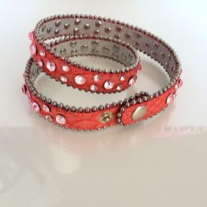 Leather Pink Peach Rhinestone Wrap Around Bracelet Snap Button Silver Hardware